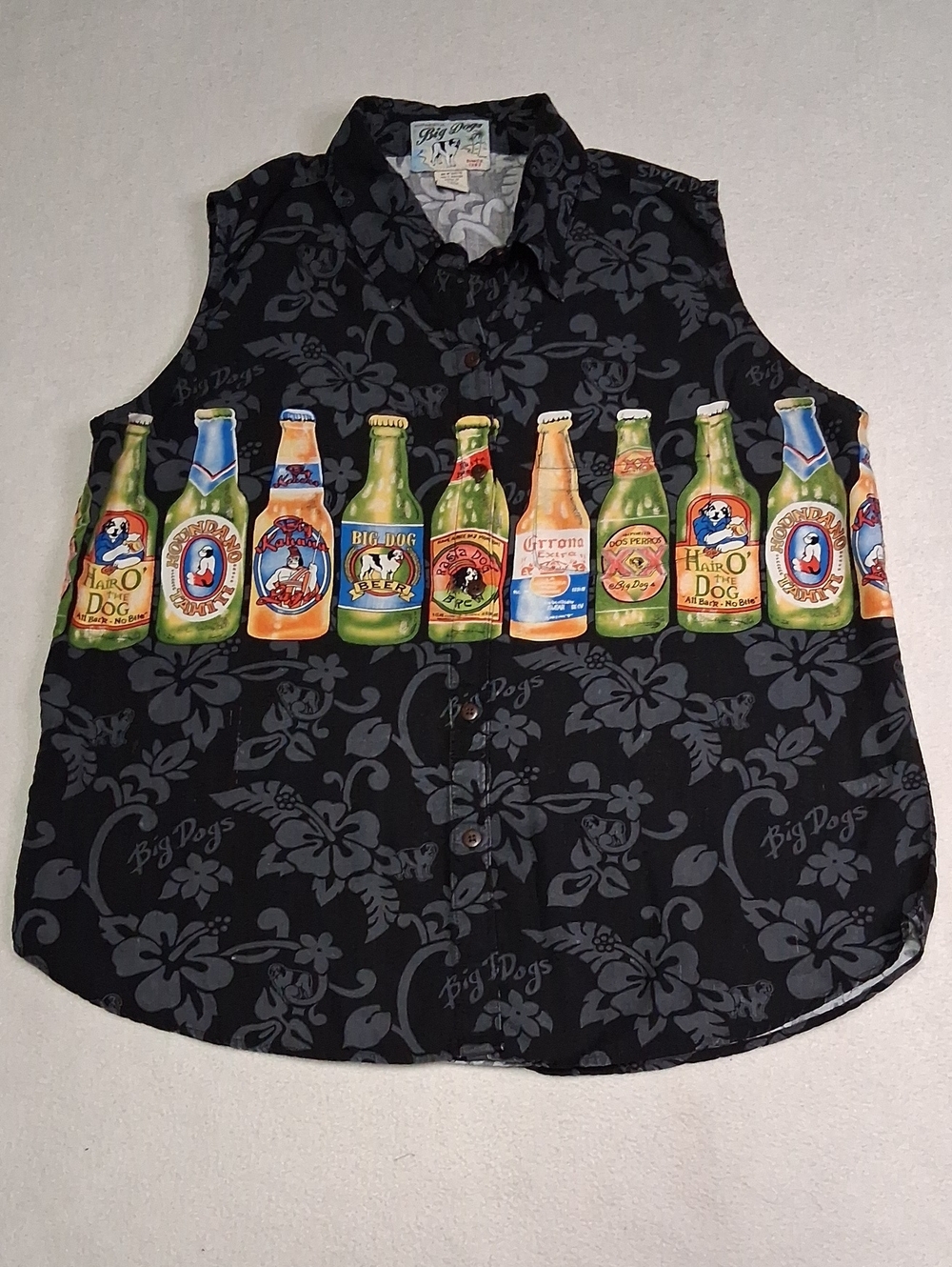Big Dogs Black Sleeveless Button-Up Mens Tank with Colorful Bottle Border